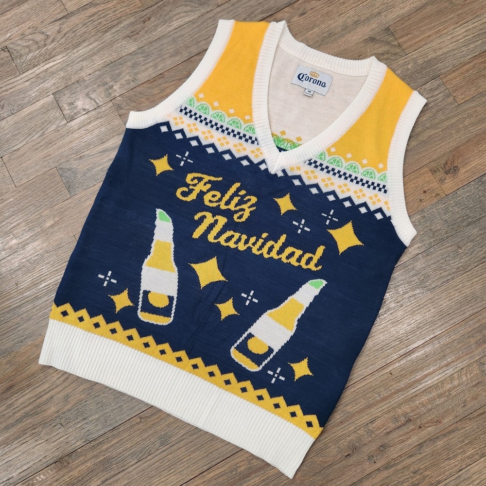 Corona Beer Knit Mens Sweater Vest‎ Christmas Feliz Navidad Size Medium Cerveza - Picture 8 of 8